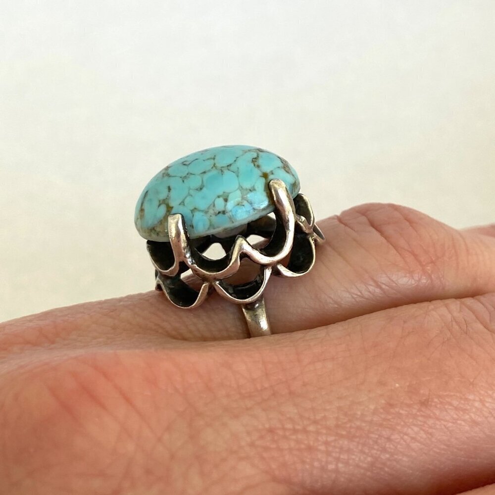 VTG Sterling Silver 925 Prong Set Oval Blue ?Hubble Glass Statement Ring Sz 5.5 - Picture 2 of 16